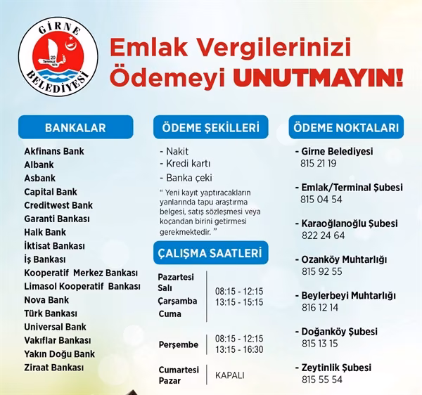 Girne Belediyesi’nden Emlak Vergisi Uyarısı…